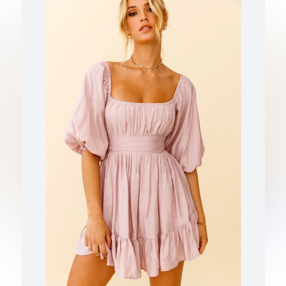 Selfie Leslie, blush, size Small, OFF-SHOULDER TIE-UP BACK DRESS BLUSH